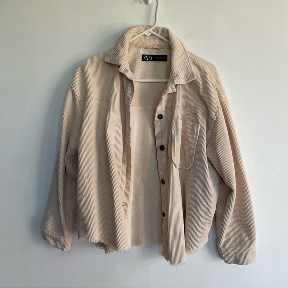 Zara Beige Corduroy Button-Up Jacket Shirt Cream Raw Edge Casual Collared M - Picture 2 of 12